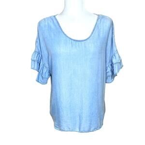 Love 8 for Versona Chambray Blue Double Ruffle Short Sleeve Blouse